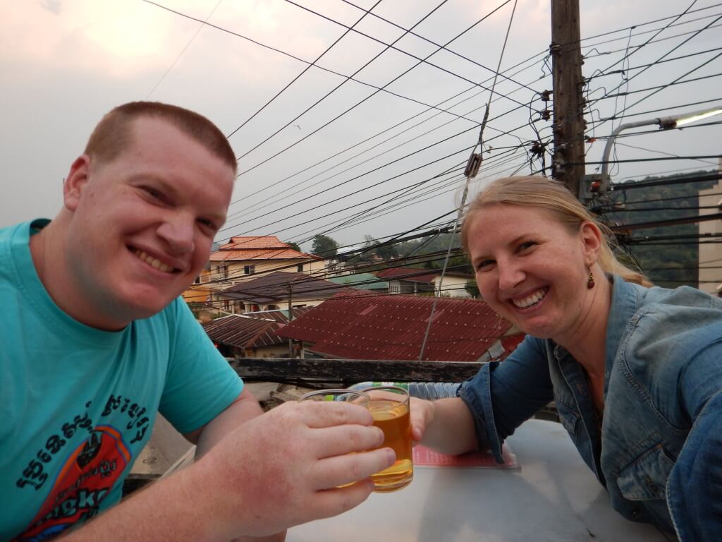 Mae Salong in Northern Thailand Jen and Stevo cheersing with oolong tea