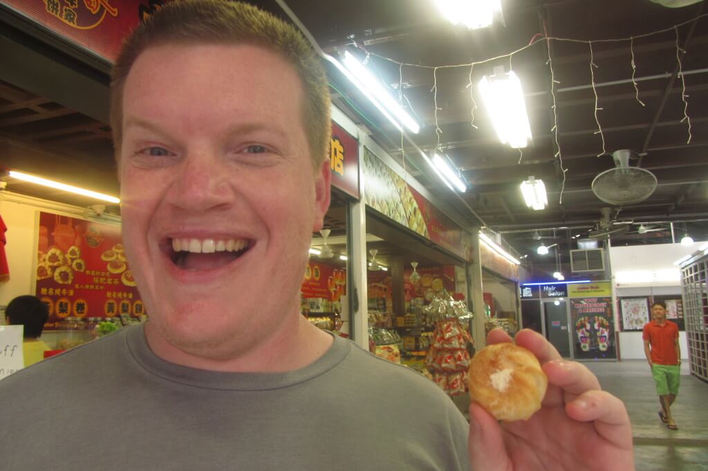 I convinced Stevo that we should try durian cream puffs. This naive smile didn't last for long...If you've never tried durian, it's kind of like eating soft candy in a port-o-potty. Mmmm...