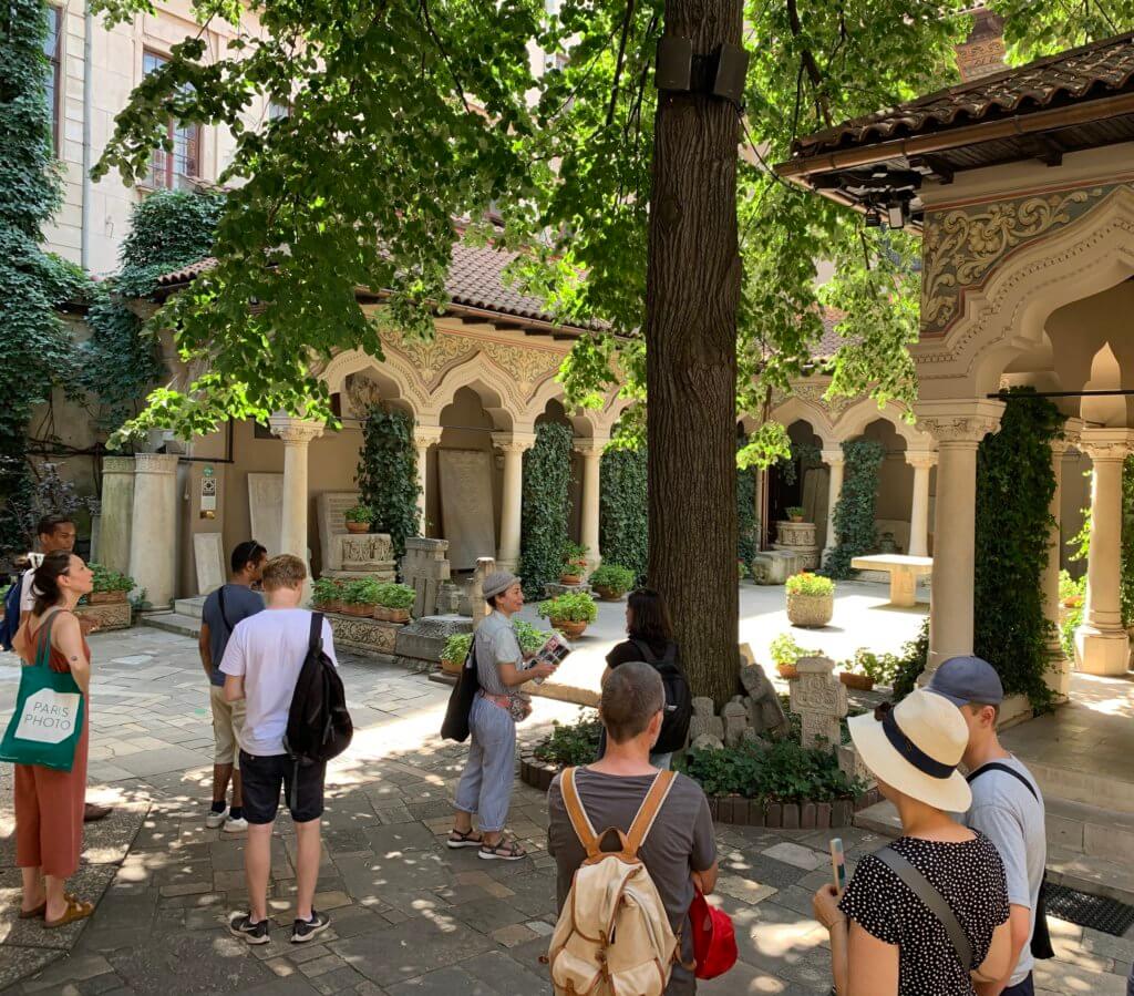 The courtyard of Stavropoleos Monastery in Old Town Bucharest