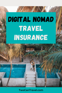 Digital Nomad Travel Insurance. Photo of a couple embracing standing between two swimming pools beneath a bungalow with a thatched roof with palm trees in the foreground. 