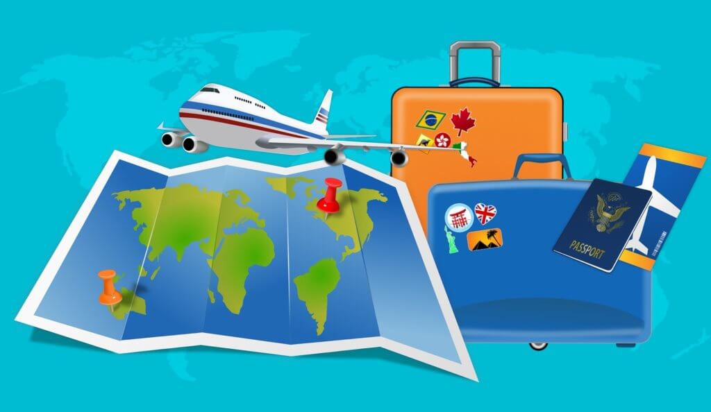 How to Become a Digital Nomad. Your Ultimate Guide to starting Digital Nomad life. Cartoon image of an open map, airplane, two suitcase covered with stickers from different countries, a passport and a boarding pass. 