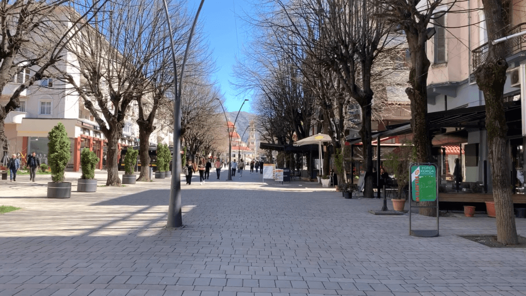 St. George Pedestrian Boulevard walking street in Korca, Albania 