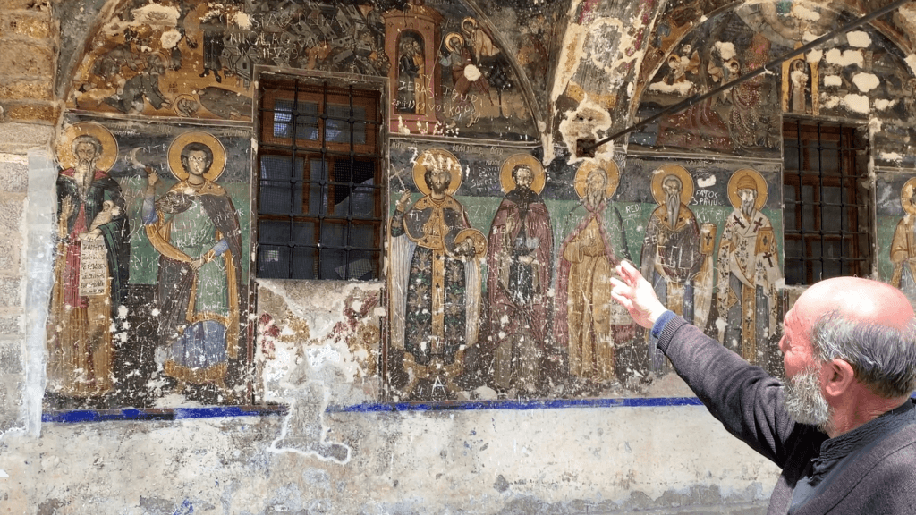 Outside St. Nicholas church in Voskopojë outside Korca, Albania 