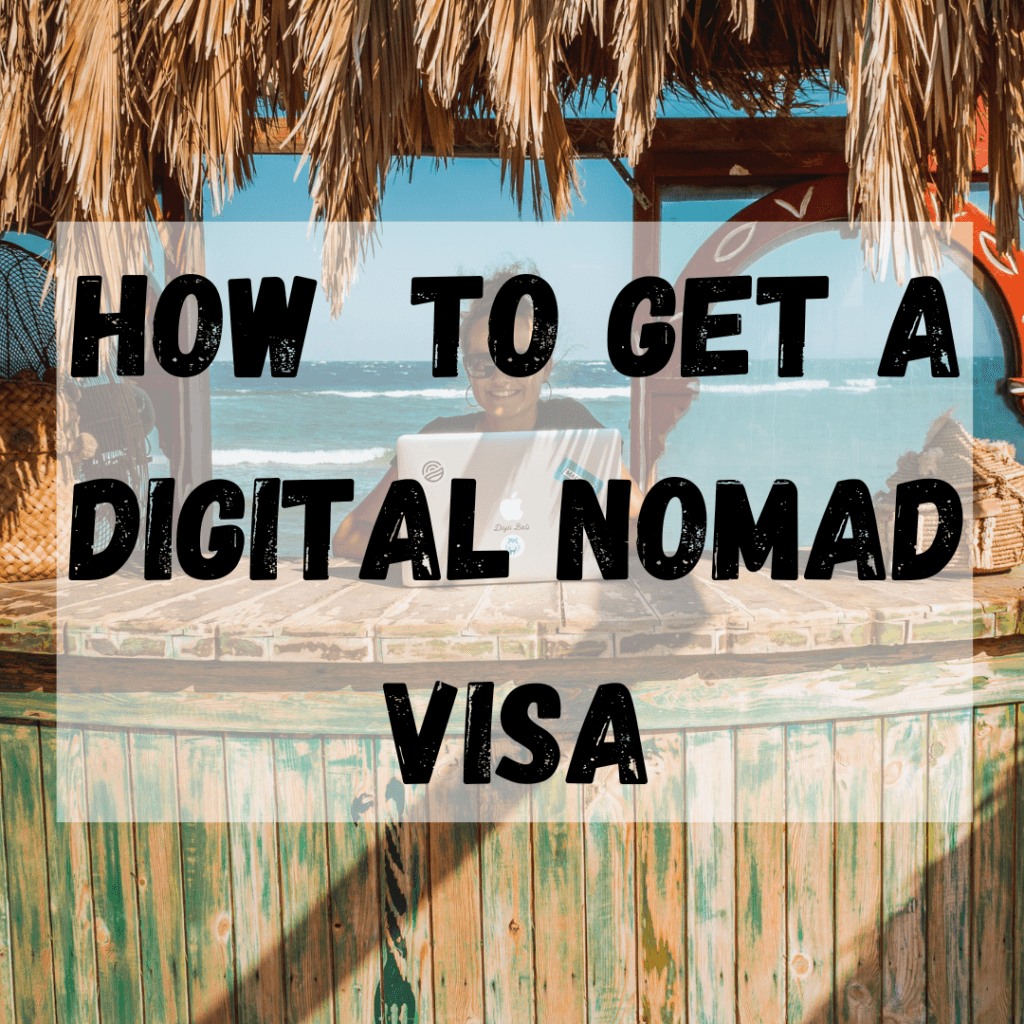 How to Get a Digital Nomad Visa picture of a woman sitting under palm fronds at a wooden bar painted green in front of the ocean.