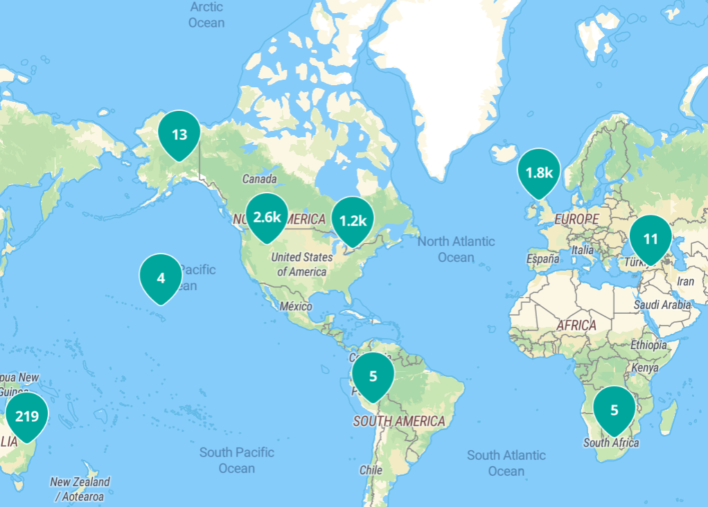 A world map showing the available house sits on Trusted Housesitters. Trusted Housesitters Review.