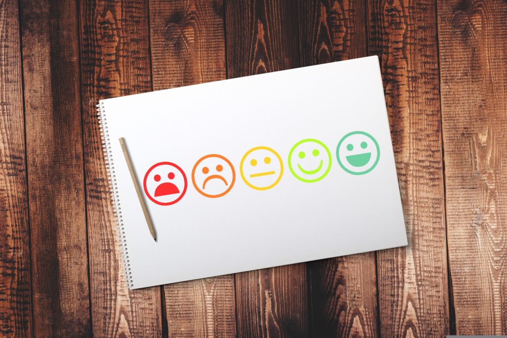 A collection of five smiley faces, ranging from sad red to happy green. Reviews are one of the most important pieces of a good house sitting profile
