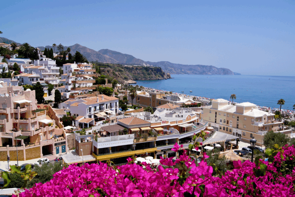 This image has pink bougenvillia in the foreground and the city of Costa Del Sol with many apartment buildings and homes that are mostly white with tan and peach colored rooftops. The homes are along the coastline and going up the hill inland. Beyond that the coastline stretches into the distance and there are some cliffs and hills.