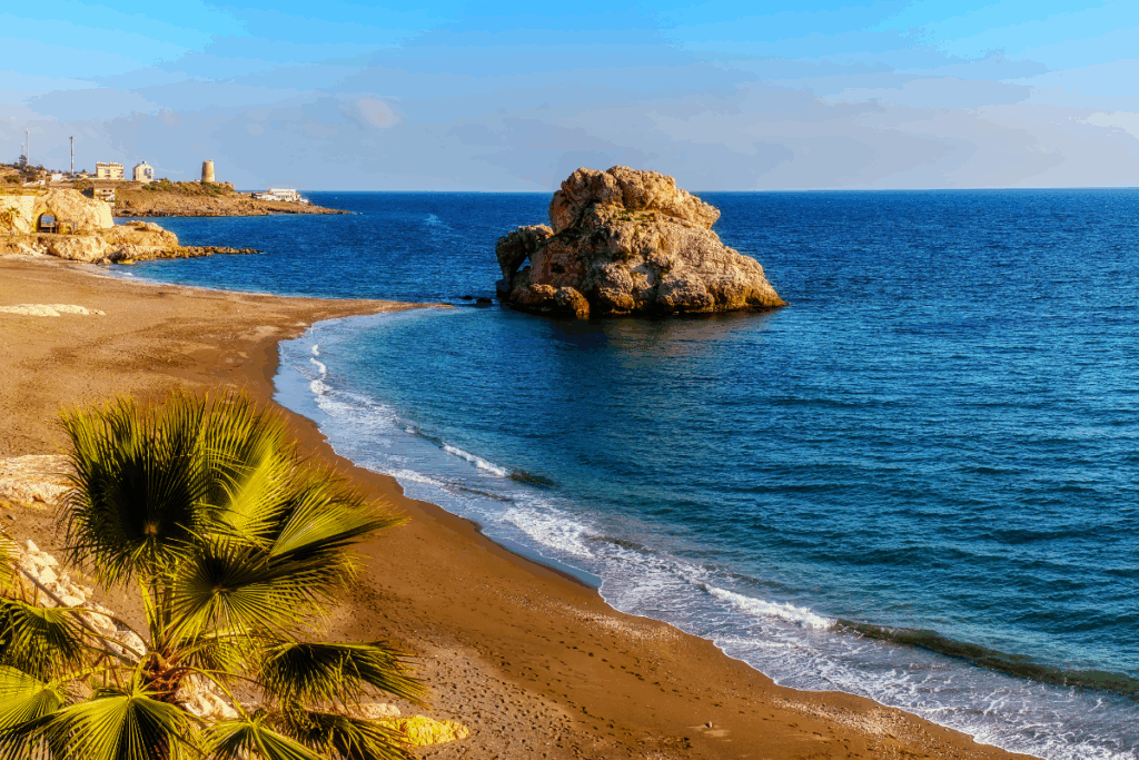 A photo of the coast line in Costa Del Sol with a palm tree in the foreground, a tan sandy beach, and calm, water in dark and light shades of blue. Up the coast there is a rock with a small arch that can be walked through and beyond that some structures and a lighthouse on a rock jutting out into the sea.